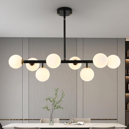 Sputnik Black and Gold Chandelier Pendant Linear Light Modern Mid Century Light Fixture White Globe Shade for Dining Living Room Kitchen Island 8-Light - color: BlackGold-31in