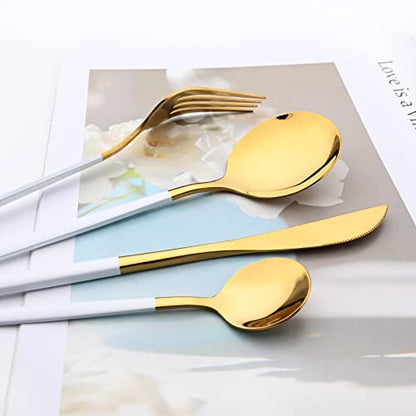 Mirror Cutlery Serving Set, 24-piece 18/0 Stainless Steel Silverware With White Handle Simple & Modern Tableware For Home Party Restaurant Christmas Dinner, Service For 6 (White Gold) - color: White gold
