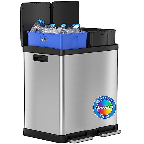 iTouchless 16 Gallon Dual Step Trash Can/Recycle Bin with 2 Odor Filters - color: Matte Silver, Steel Lid, 16 Gal