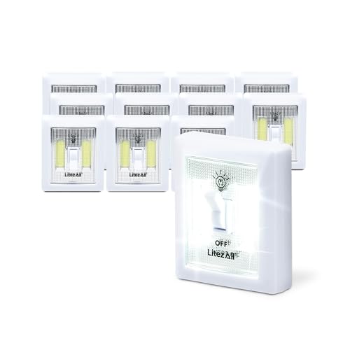 LitezAll COB LED Light Switch Night Light, 12-Pack 200 Lumen Wireless Battery Operated Wall Lights, Stick-On Switch Lights for Closets, Cabinets, Hallways, Garage, Gifts for Men – Batteries Included - style: 12-Pack