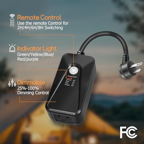 GMY Outdoor Dimmer for String Lights, Remote Dimmer Switch with Timer, Dimmer Plug Compatible with Dimmable LED/Tungsten Bulbs，IP44，100FT Range, Max Power 400W Inc, FCC