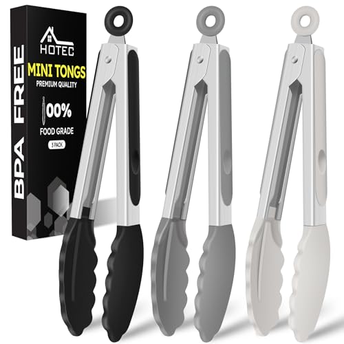 HOTEC Small Silicone Kitchen Tongs 7-Inch Mini Serving Tongs, Set of 3 - color: Black Grey White Gradient