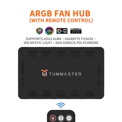 ARGB Fan HUB, 10-Port 4 Pin PC Fan Controller, 5V-3Pin ARGB Fan Hub, Magnetic Suction, SATA Power Input,RF Remote & Chassis key control,Controller Support 10 ARGB PWM Fans Splitter, Black - color: J-10 （Black）