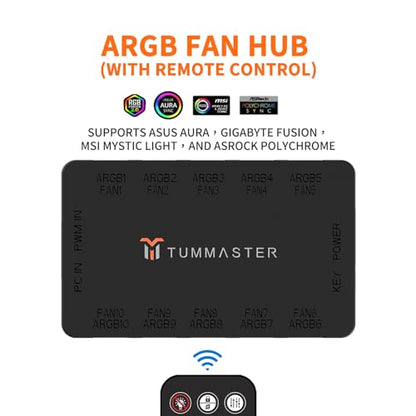 ARGB Fan HUB, 10-Port 4 Pin PC Fan Controller, 5V-3Pin ARGB Fan Hub, Magnetic Suction, SATA Power Input,RF Remote & Chassis key control,Controller Support 10 ARGB PWM Fans Splitter, Black - color: J-10 （Black）