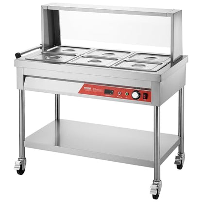 VEVOR 6-Pan Commercial Food Warmer, 6 x 1/2 Pans Electric Steam Table, 1500W Professional Buffet Catering Food Warmer with Shield Undershelf Wheels, Stainless Steel Server for Party Restaurant - size: 6*1/2 Pans