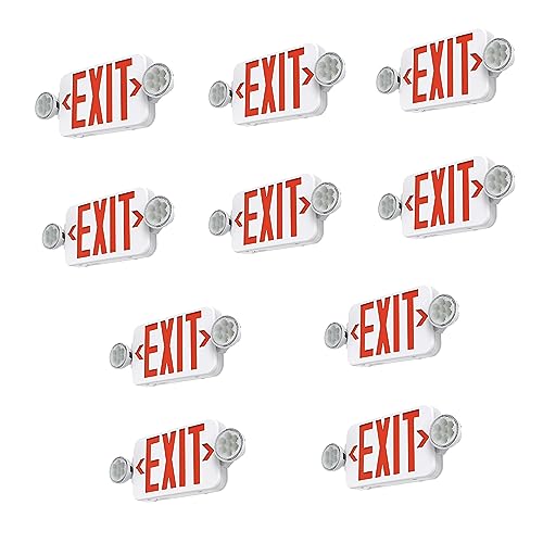 10 Pack Red Led Exit Sign Emergency Light Combo Adjustable Two Head, Double Sided and Battery Backup Exit Light, Contractor Select, AC 120/277V