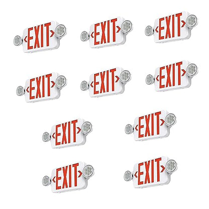10 Pack Red Led Exit Sign Emergency Light Combo Adjustable Two Head, Double Sided and Battery Backup Exit Light, Contractor Select, AC 120/277V