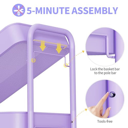 TOOLF 3 Tier Metal Rolling Cart, Utility Storage Cart with Wheels, Purple - color: Purple, size: 3-Tier