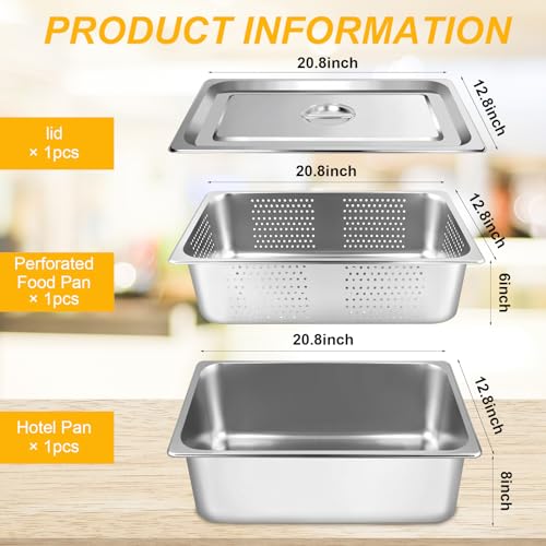 3 Pack Full Size 6 Inch, 8 Inch Hotel Pan with Lid Perforated Steam Table Pan Chafing Pans Steam Table Tray Stainless Steel Restaurant Supplies for Buffets Catering Commercial Kitchen - size: 8 inch