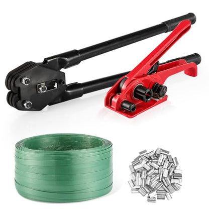 Banding Packaging Pallet Strapping Kit with Strapping Tensioner Tool,Banding Sealer Tool. 5/8″x 852′925lbs Break Strength Polyester Strapping with 100 Metal Seals for Pallets, Logistics, Warehouse - color: Green, size: S, style: Strapping Kit