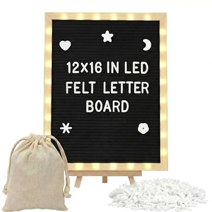 12 x 16 Inches Felt Letter Board & LED Light, Black, Natural Wood - color: Black, size: 12 x 16 Inches, style: Natural Wood