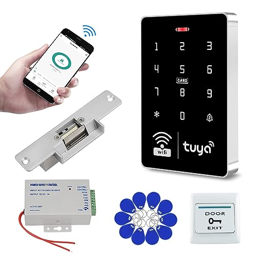 WiFi Tuya APP Access Control System Waterproof Kits RFID Keypad Controller 125KHz 13.56MHz + Door Electric Strike Lock + DC12V Power Supply, 10,000 Large User Capacity