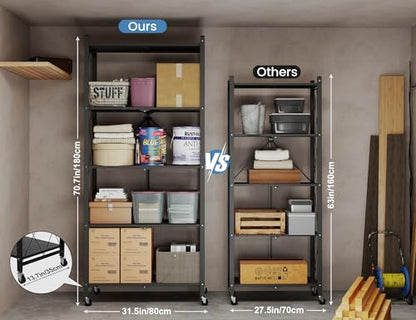 ALANNG 70.7" H Metal Storage Shelves, 5 Tier Folding Shelf on Wheels - color: Black
