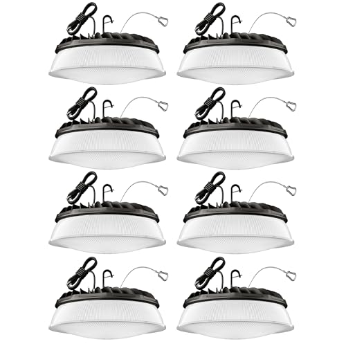 Elaruslux 200W 8 Pack UFO LED High Bay Light with Reflector 28,000lm 5000K LED High Bay Lights AC110-277V 5' Cable with Plug Waterproof UFO Lights for Garage Shop Gym Factory - size: 8 Pack