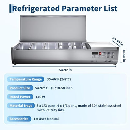 IDEALHOUSE Condiment Prep Rail Station, 140W Countertop Refrigerated Condiment Station, with 3 1/3 & 4 1/6 Pans, 304 Stainless Body and PC Lid, Sandwich Prep Table with Glass Guard, ETL Certified - size: E55TW-G