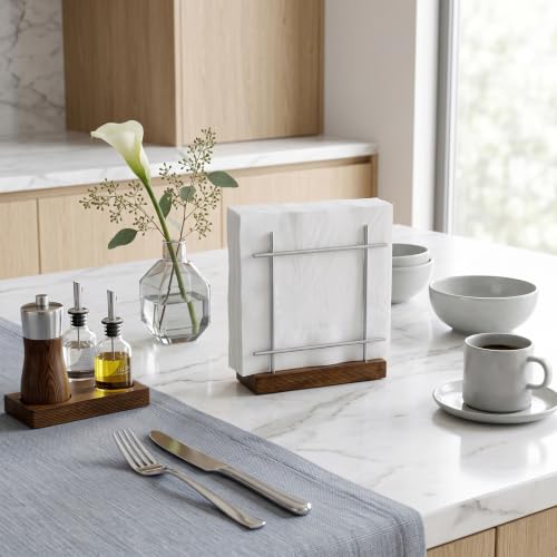 MyGift Upright Napkin Holder, Silver-Tone Metal with Burnt Brown Wood Base - color: Silver / Brown