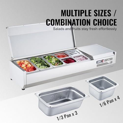 Refrigerated Condiment Prep Station – 140W Countertop Commercial Condiment Cooler with 3-1/3 & 4-1/6 Pans, 304 Stainless Steel Body, PC Lids, Stainless Steel Hinged Guard – ETL Certified – Silver - size: Large