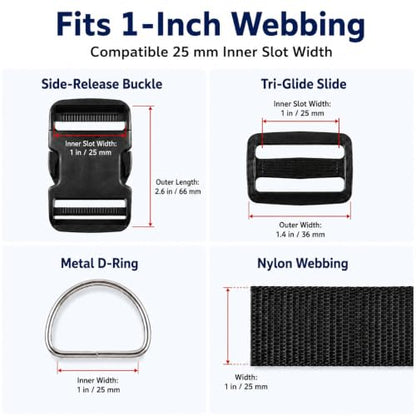 1 Inch Straps and Buckles Set, 12 Yards Nylon Webbing Strap, 12 Pack Release Buckles, 24 Tri-Glide Slide Clips, 12 Pack Metal D-Rings MaHeavy Duty Adjustable Quick Snap Fasteners, No Sewing Required - size: 1" 12 Pcs Buckle Set