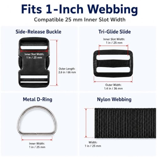 1 Inch Straps and Buckles Set, 12 Yards Nylon Webbing Strap, 12 Pack Release Buckles, 24 Tri-Glide Slide Clips, 12 Pack Metal D-Rings MaHeavy Duty Adjustable Quick Snap Fasteners, No Sewing Required - size: 1" 12 Pcs Buckle Set