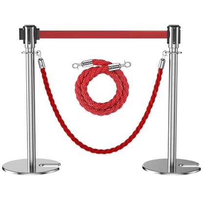 2Pack Stanchions with Retractable Belt and 2Pcs Hemp Rope (Silver) - color: Silver