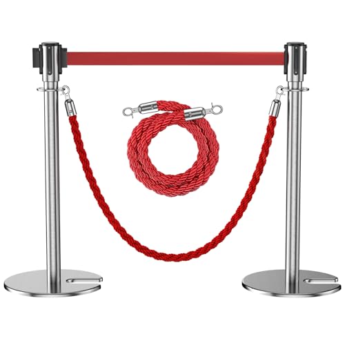 2Pack Stanchions with Retractable Belt and 2Pcs Hemp Rope (Silver) - color: Silver