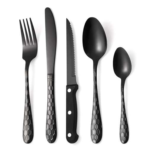 30 Pcs Black Hammered Silverware Set Service for 6,with Steak Knives Stainless Steel Flatware Set,Mirror Cutlery Utensil,Durable Kitchen Tableware,Ripple Teardrop Fork Knife Spoon,Dishwasher Safe - color: 12SLF-30pc/Steak Knives-Black