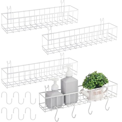 White 4 Pack Wire Baskets, Grid Wall Hanging Baskets, 16 S Hooks - color: White