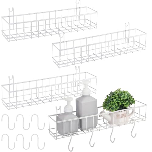White 4 Pack Wire Baskets, Grid Wall Hanging Baskets, 16 S Hooks - color: White