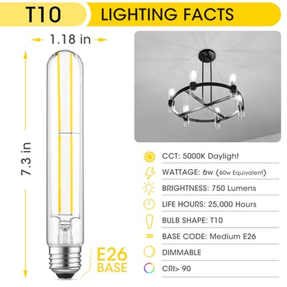7.3" T10 Tubular LED Light Bulb, 60W Eq, Dimmable, Daylight 5000K, 6-Pack - color: Daylight, size: 7.3 Inch- 6 Count