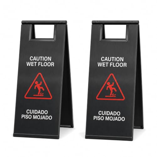 2 Pcs Stainless Steel Wet Floor Sign 24 Inch Caution Sign Black - color: Black