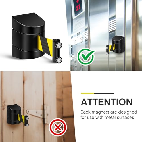 Landical 6 Pack 16.4 ft Magnetic Wall Mount Retractable Belt Magnetic Crowd Control Safety Retractable Wall Barrier with ABS Case, Safety Barrier for Grocery Retail Store (Yellow Black Rope) - color: Yellow Black Rope
