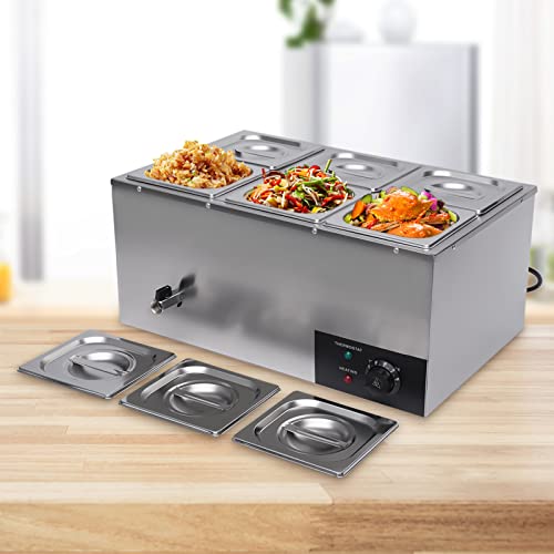 6 Pan Commercial Food Warmer Countertop with Lids, Electric Food Warmer Steam Table, 600W Professional Buffet Servers and Warmers Stainless Steel Buffet Bain Marie with 86-185°F Temp Control - color: 6 Pan#2