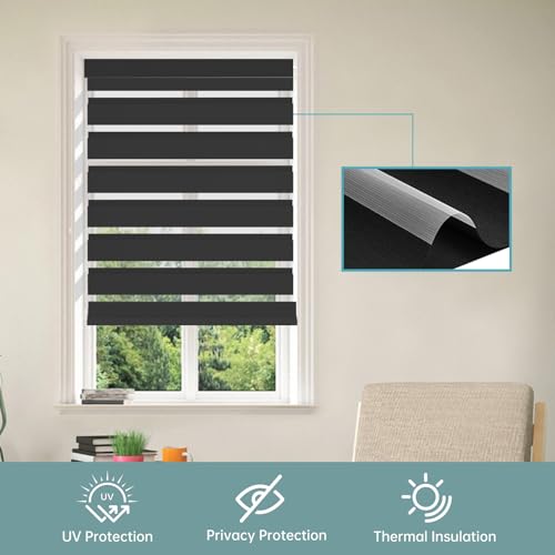 No Drill No Tools Cordless Zebra Blinds for Windows, Day & Night Dual Sheer Roller Shades,Easy Installation,Free-Stop Lift System, Black Privacy Blinds for Home,Custom Size. - color: Black, size: No Drill Installation-Custom Size