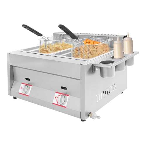 Commercial Deep Fryer, Dual Tank Countertop Fryer with Independent Temperature Control & Detachable Side Condiment Cups Stainless Steel Oil Fryer for Restaurants Supermarkets Fast Food Stalls