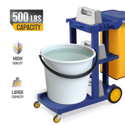 TUFFIOM Commercial Traditional Cleaning 3-Shelf Janitorial Cart, 500 Lbs Capacity Housekeeping Cart, Wheeled with Yellow VinylBag and Cover w Lid, Blue, - color: Blue