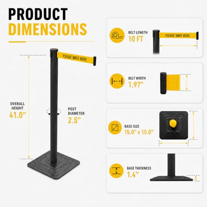 4 Pack Crowd Control Stanchions with 10 FT “Please Wait HERE” Retractable Belts, Black Queue Barrier Posts with Weighted Rubber Bases, 4-Way Connection for Line Control - color: Please Wait HERE, size: Rectangular Base