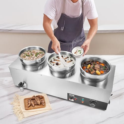 VEVOR Electric Soup Warmer, Three 7.4QT Stainless Steel Round Pot 86~185°F Adjustable Temp, 1200W Commercial Bain Marie with Anti-dry Burn and Reset Button, Soup Station for Restaurant, Buffet, Silver - size: 3*7.4QT