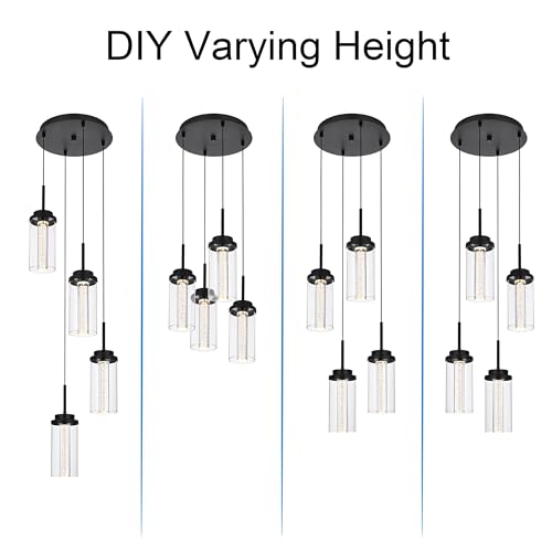MELUCEE 4-Light Dimmable LED Pendant Light Black with Clear Glass Shade - color: Black, size: 4-Light-Round