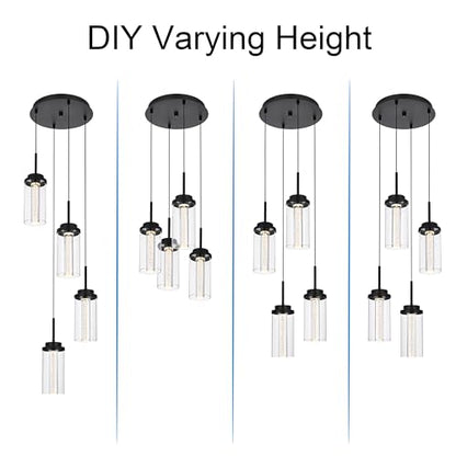MELUCEE 4-Light Dimmable LED Pendant Light Black with Clear Glass Shade - color: Black, size: 4-Light-Round