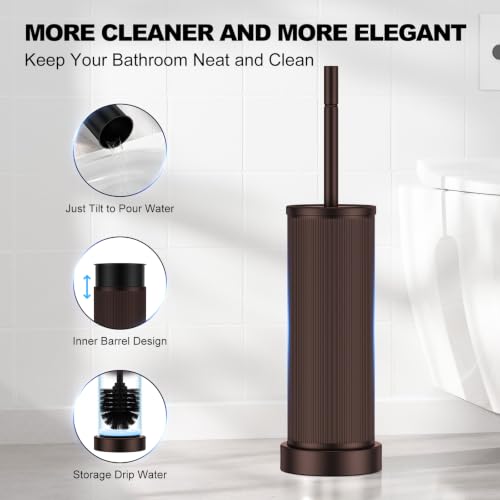 Metal Vertical Grain Toilet Bowl Brush and Holder Set Scrubber Bronze - color: Bronze