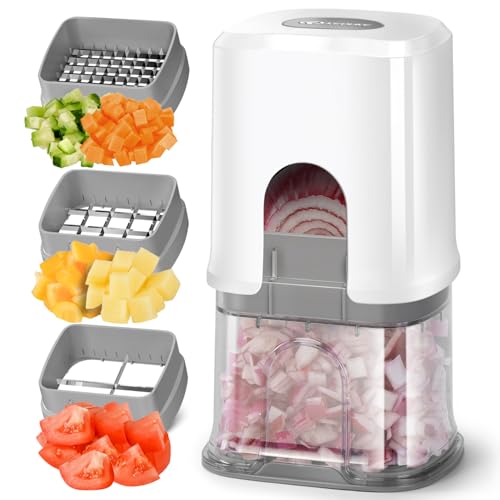KEOUKE Multifunctional Vegetable Chopper White - 3 Interchangeable Blades Potato French Fry Cutter with Container & Storage Box Food Chopper Dicer for Cucumber, Tomato, Carrot, Onion - color: White, size: Cube