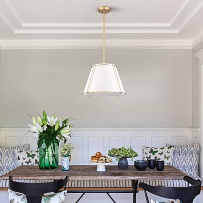 3-Light Gold Cone 16" Pendant Light Fabric Drum Shade with Metal - color: Gold