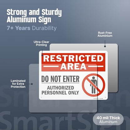 SmartSign 2-Pack 'Restricted Area Do Not Enter Authorized Personnel Only' OSHA Metal Sign - 10" x 14", 40 mil Laminated Rustproof Aluminum, Fade-Resistant, Red, Black and White, Made in USA - style: 10" x 14" - Aluminum (Pack of 2)