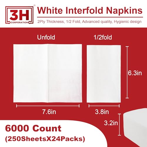 Interfold White Paper Napkins Disposable, 2-Ply 6000 Napkins Bulk (24Pack, 250/Pack), 6.3"×7.6" Unfolded, 6.3"x3.8" V-Folded for Cafes, Catering & Office Everyday Refill - size: 6000 Ct Interfold