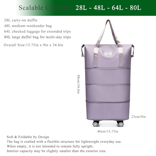4-in-1 Expandable Rolling Duffel Bag with Detachable Wheels, 28L-80L Collapsible Luggage with Bonus Spare Wheel, Foldable Travel Trolley for Carry-On, Weekend, Shopping & Moving (Light Purple) - color: Light Purple