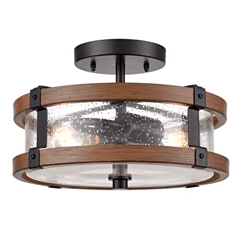 DEYNITE Farmhouse 2-Light Drum Ceiling Light Black and Amber, 11.52" W - size: 6.85" Height