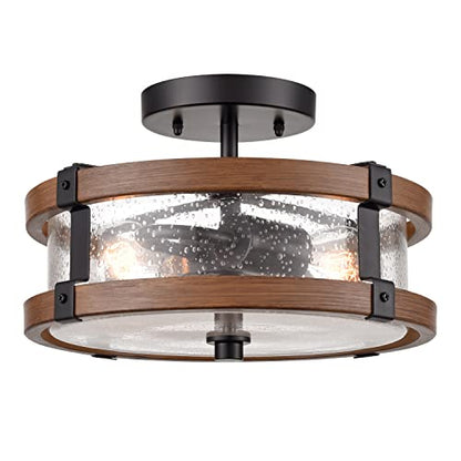 DEYNITE Farmhouse 2-Light Drum Ceiling Light Black and Amber, 11.52" W - size: 6.85" Height
