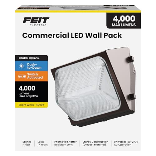 Feit Electric Commercial LED Wall Pack Security Light, 4000 Lumens, Dusk-to-Dawn Photocell Sensor, Shatter-Resistant Lens, Hardwired Outdoor Flood Light, 50,000-Hour Lifetime, S8.8CWPK/840/BZ - size: 1 Count (Pack of 1)