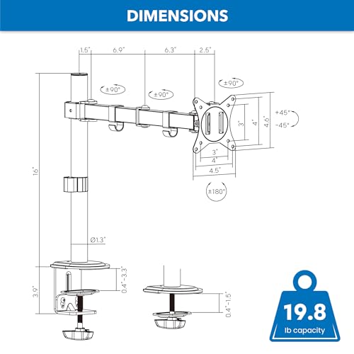 Mount-It! Single Monitor Arm Desk Stand, 19-32" Screens
