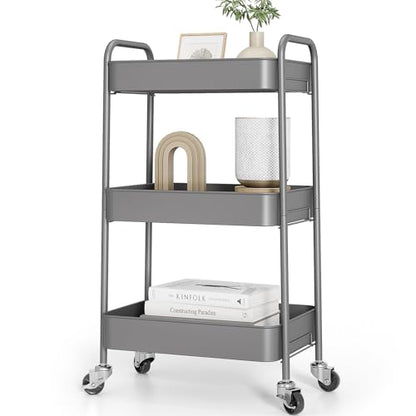 TOOLF 3 Tier Metal Rolling Cart, Utility Storage Cart with Wheels, Grey - color: Grey, size: 3-Tier